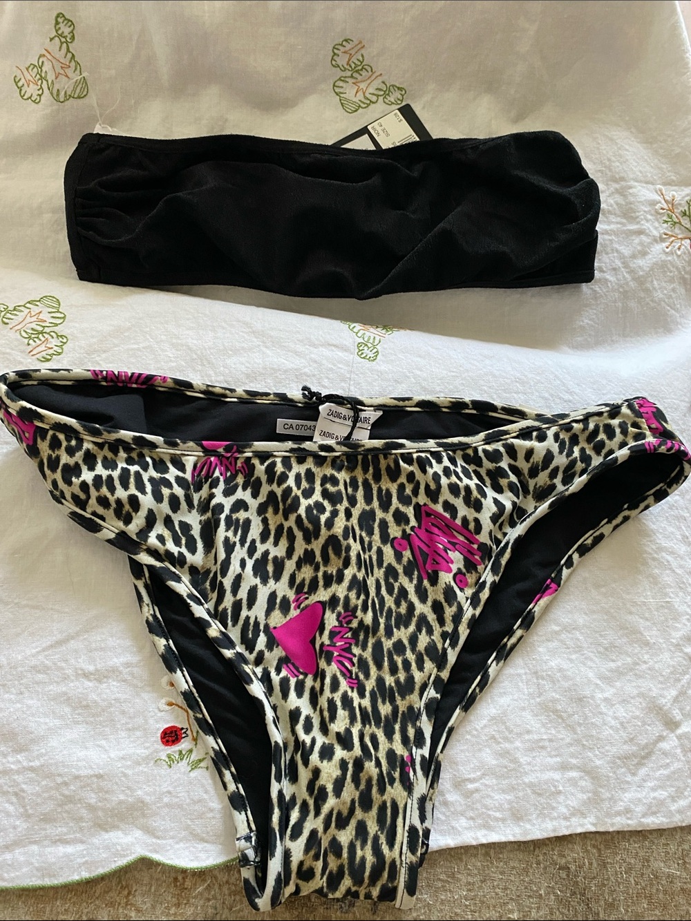 Zadig & Voltaire Black Bandeau Top with Leopard Print Bikini Bottoms NWT Size 8
